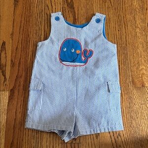 Blue Seersucker Striped Boys Jon Jon with Whale Appliqué